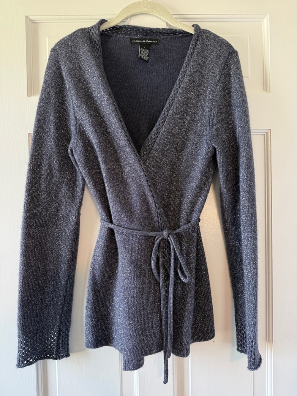 MARINA LUNA ANGORA WOOL STEEL DENIM BLUE SILVER WRAP CARDIGAN SWEATER LARGE